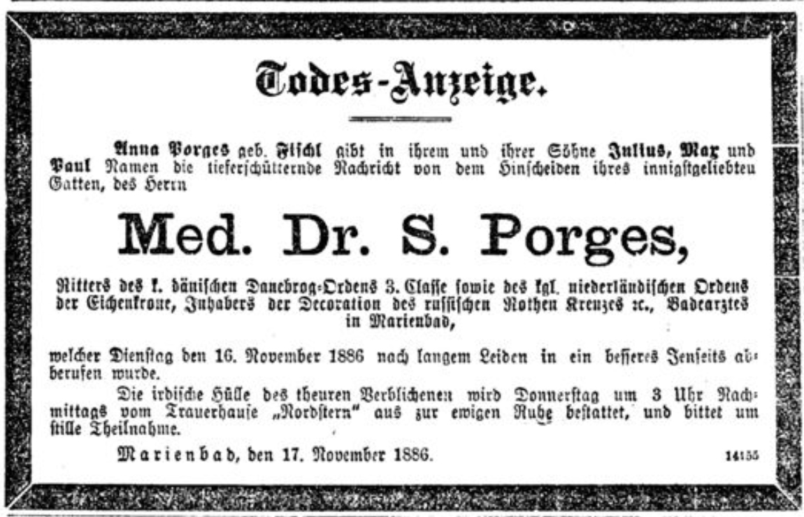 Faire-part of Dr. S. Porges, Marienbad 1886